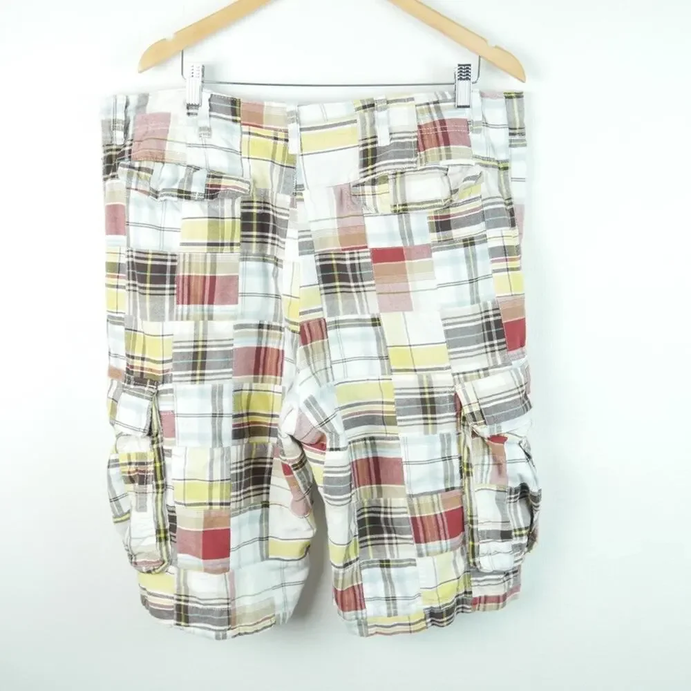 Old Navy‎ Cargo Shorts Men's 38 Madras Plaid Patchwork Preppy Y2K Baggy Skater